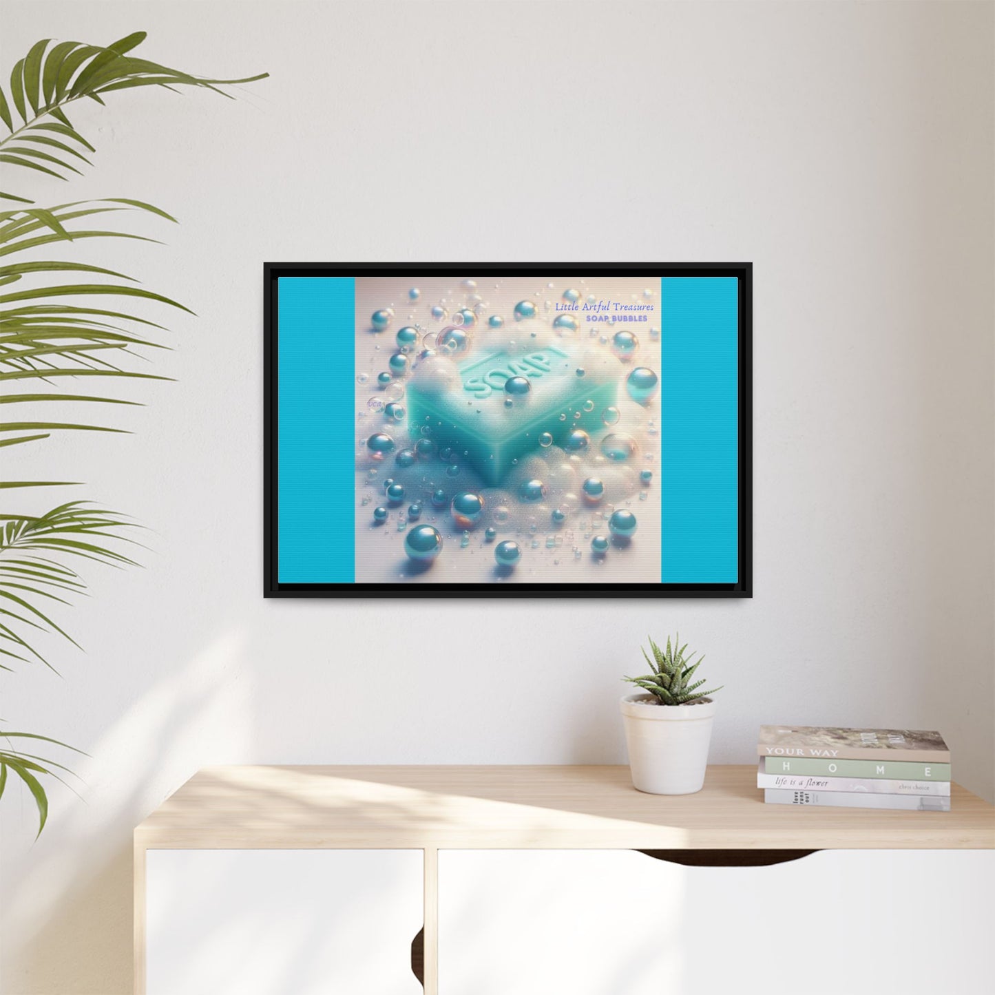 "Little Artful Treasures" Collection - Framed Matte Canvas Wall Art — 'Soap Bubbles' by vca - Blue