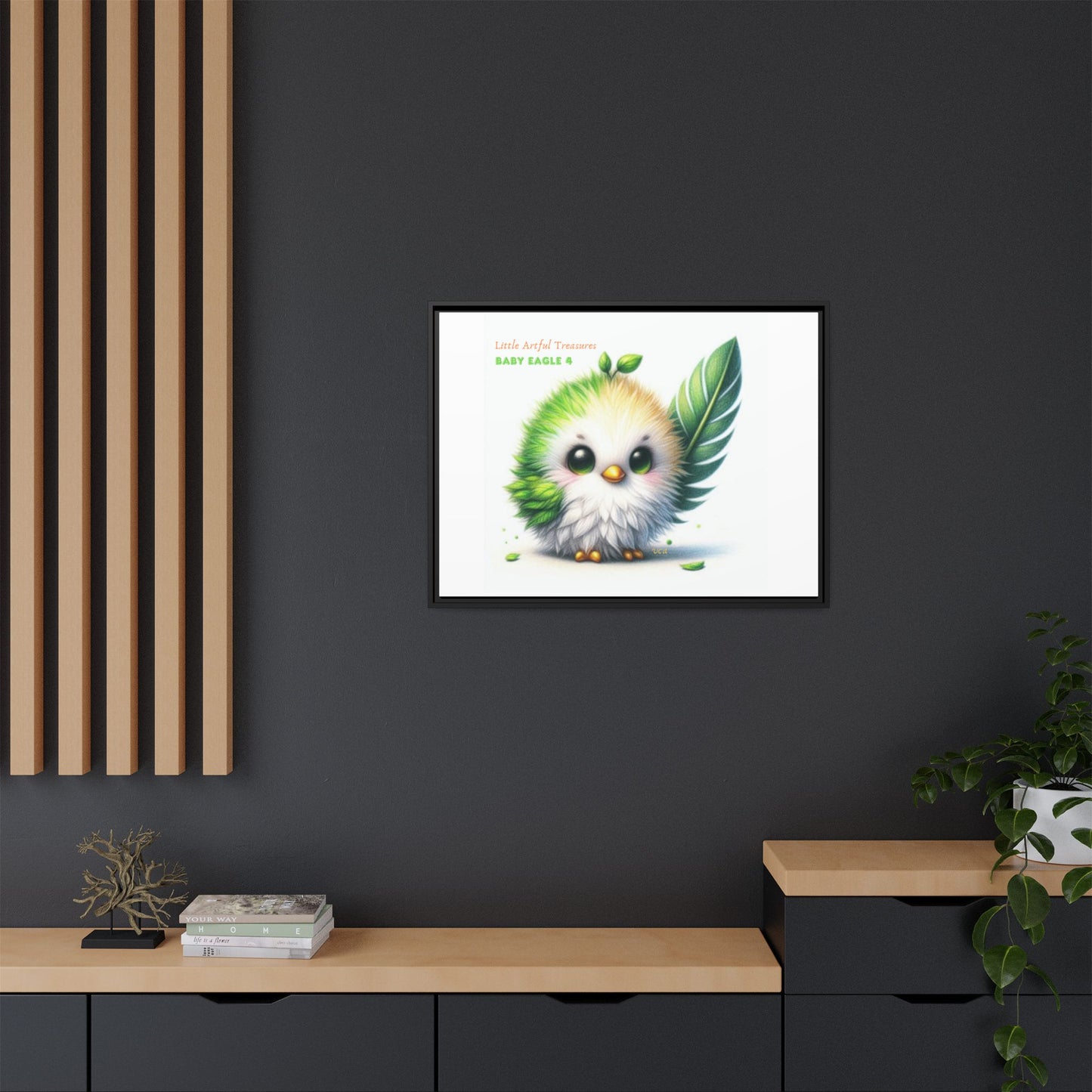 "Little Artful Treasures" Collection - Framed Canvas Wall Art - Cute Green Baby Eagle with Eagle feather ("Baby Eagle 4") by vca