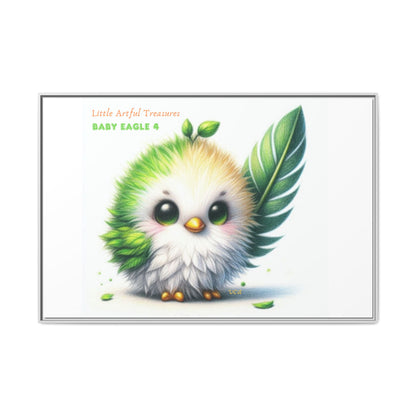 "Little Artful Treasures" Collection - Framed Canvas Wall Art - Cute Green Baby Eagle with Eagle feather ("Baby Eagle 4") by vca