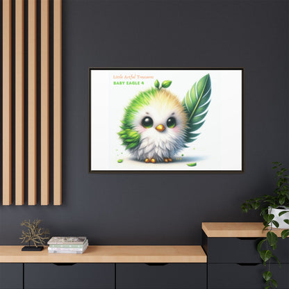 "Little Artful Treasures" Collection - Framed Canvas Wall Art - Cute Green Baby Eagle with Eagle feather ("Baby Eagle 4") by vca