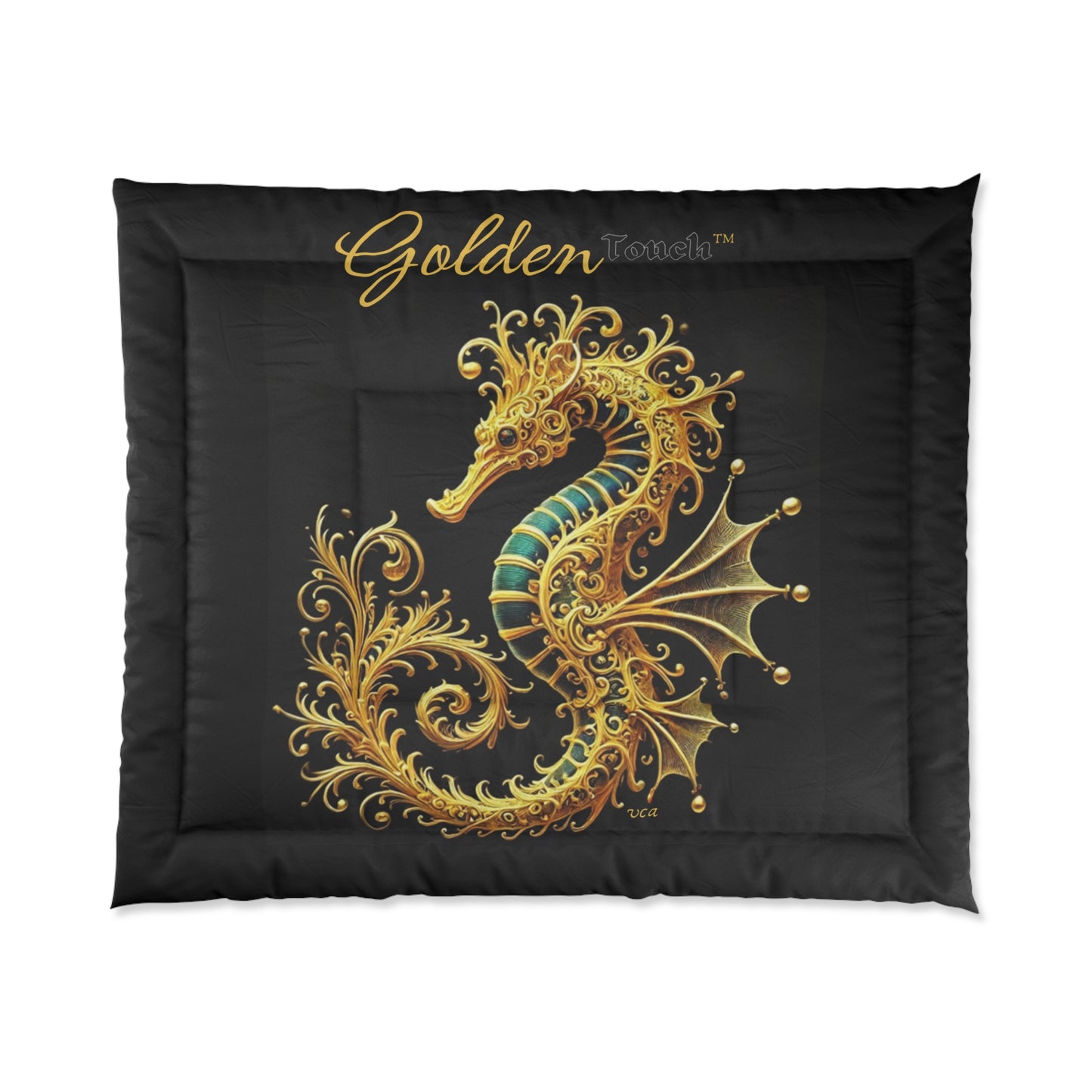 "Golden Touch" Collection - Golden Seahorse Comforter — Ornate 24k Gold & Emerald Seahorse design by vca