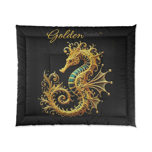 "Golden Touch" Collection - Golden Seahorse Comforter — Ornate 24k Gold & Emerald Seahorse design by vca
