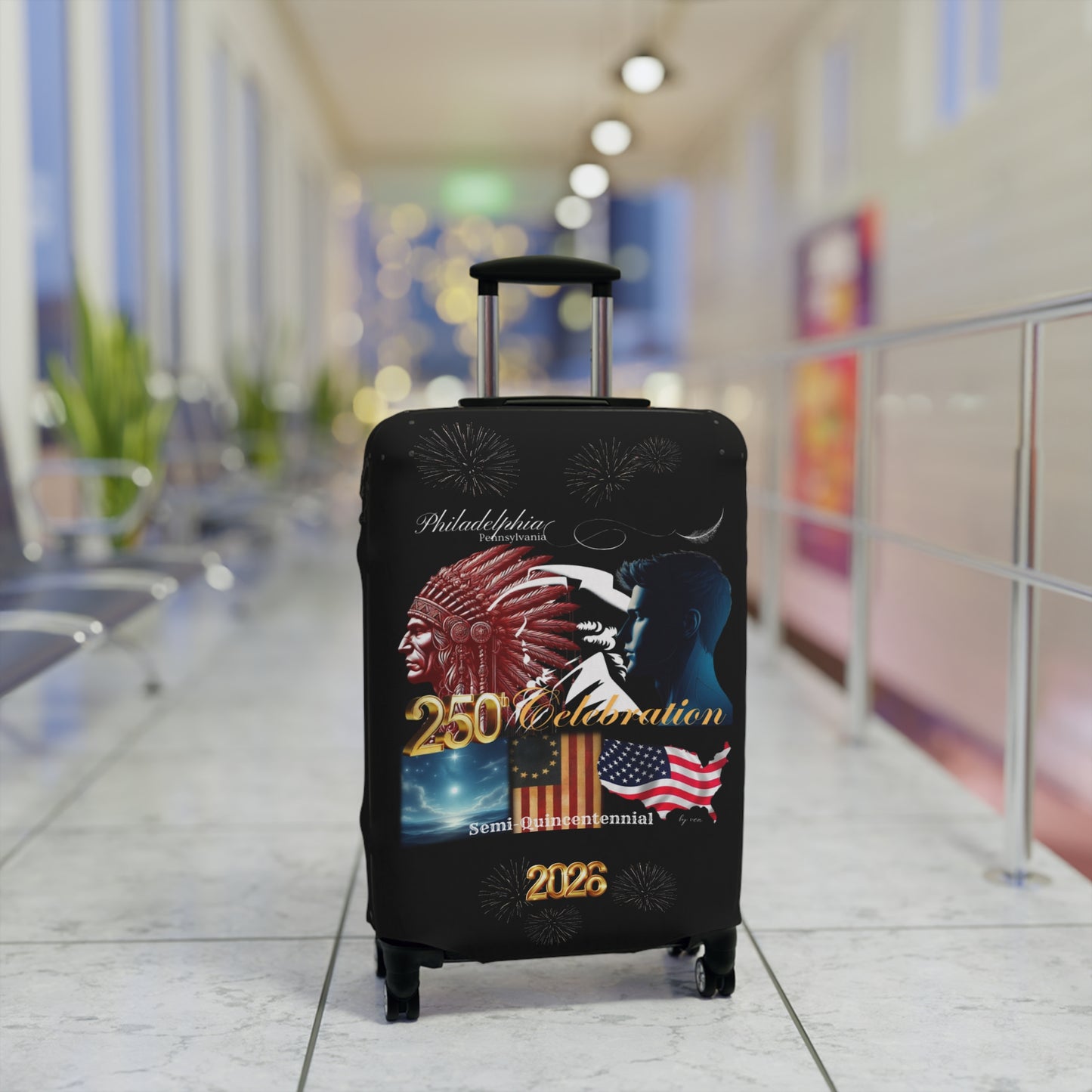 "Legacy of Liberty" Collection - Luggage Cover design by vca - Semi-Quincentennial Travel Accessory, 2-sided - Black