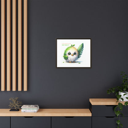 "Little Artful Treasures" Collection - Framed Canvas Wall Art - Cute Green Baby Eagle with Eagle feather ("Baby Eagle 4") by vca