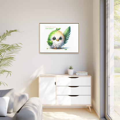 "Little Artful Treasures" Collection - Framed Canvas Wall Art - Cute Green Baby Eagle with Eagle feather ("Baby Eagle 4") by vca
