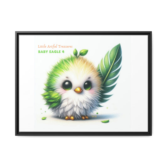 "Little Artful Treasures" Collection - Framed Canvas Wall Art - Cute Green Baby Eagle with Eagle feather ("Baby Eagle 4") by vca