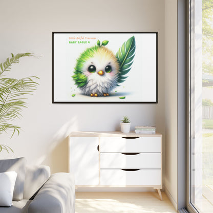 "Little Artful Treasures" Collection - Framed Canvas Wall Art - Cute Green Baby Eagle with Eagle feather ("Baby Eagle 4") by vca