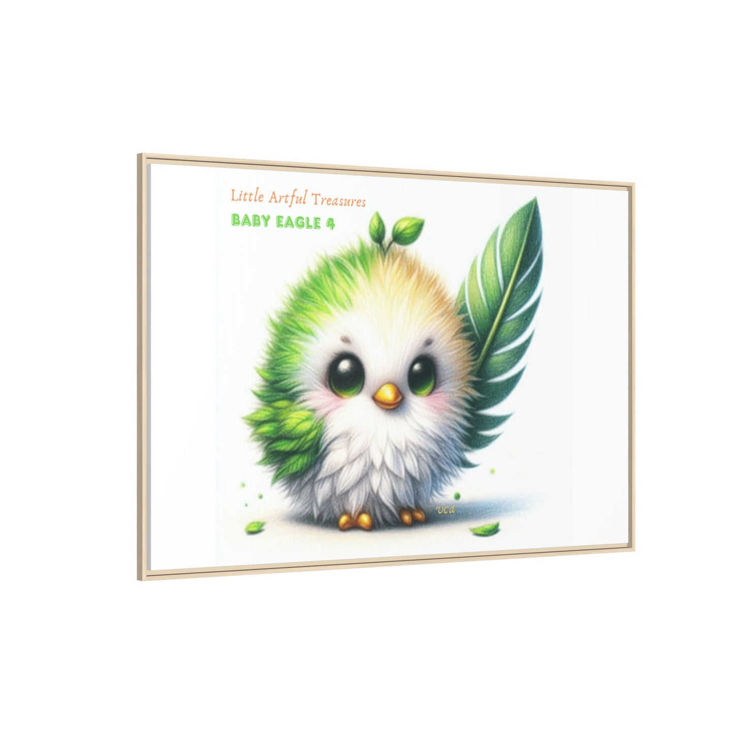 "Little Artful Treasures" Collection - Framed Canvas Wall Art - Cute Green Baby Eagle with Eagle feather ("Baby Eagle 4") by vca