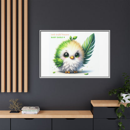 "Little Artful Treasures" Collection - Framed Canvas Wall Art - Cute Green Baby Eagle with Eagle feather ("Baby Eagle 4") by vca