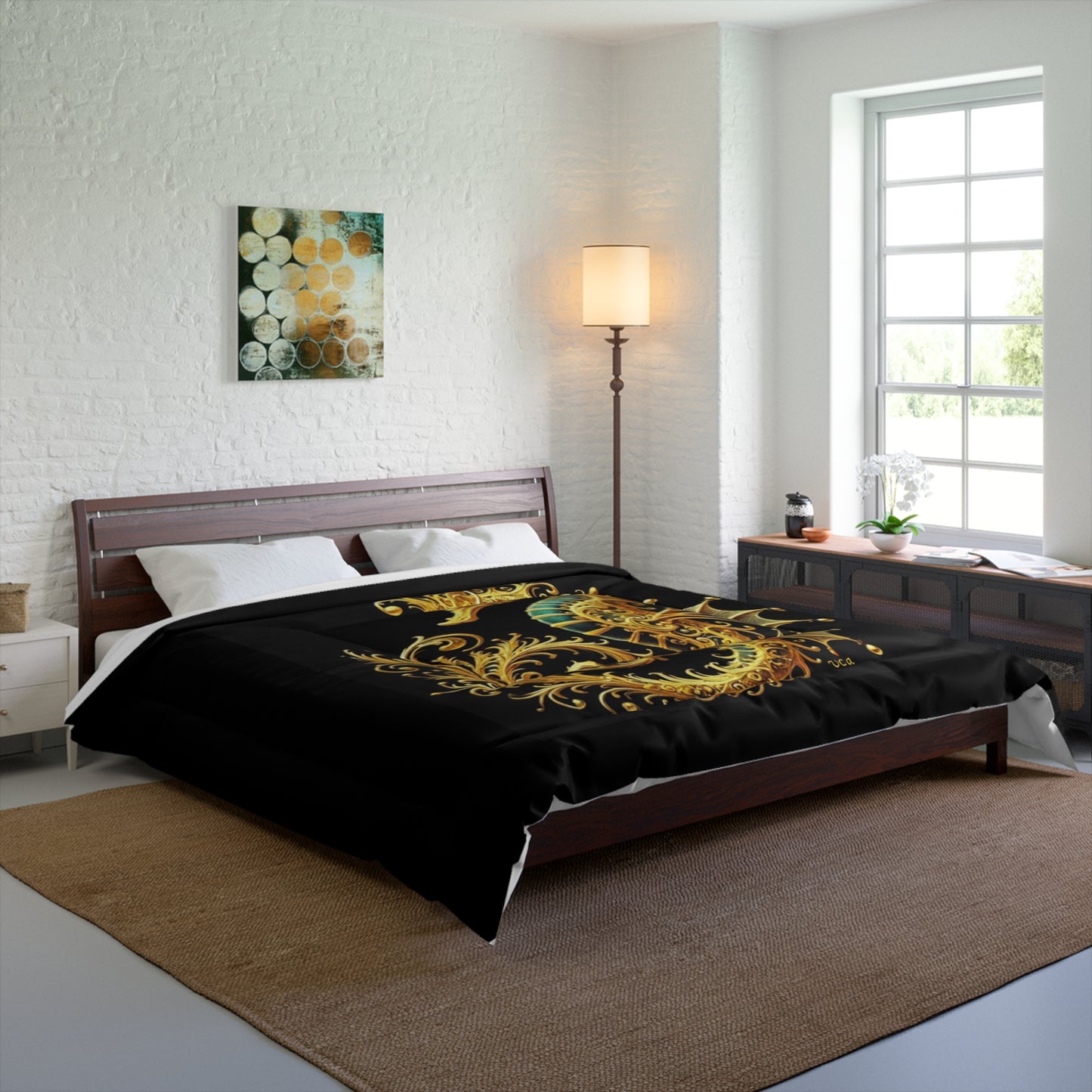 "Golden Touch" Collection - Golden Seahorse Comforter — Ornate 24k Gold & Emerald Seahorse design by vca