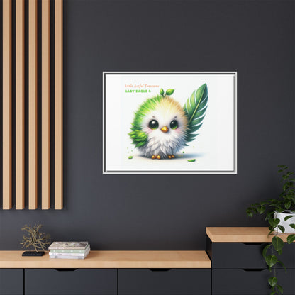 "Little Artful Treasures" Collection - Framed Canvas Wall Art - Cute Green Baby Eagle with Eagle feather ("Baby Eagle 4") by vca