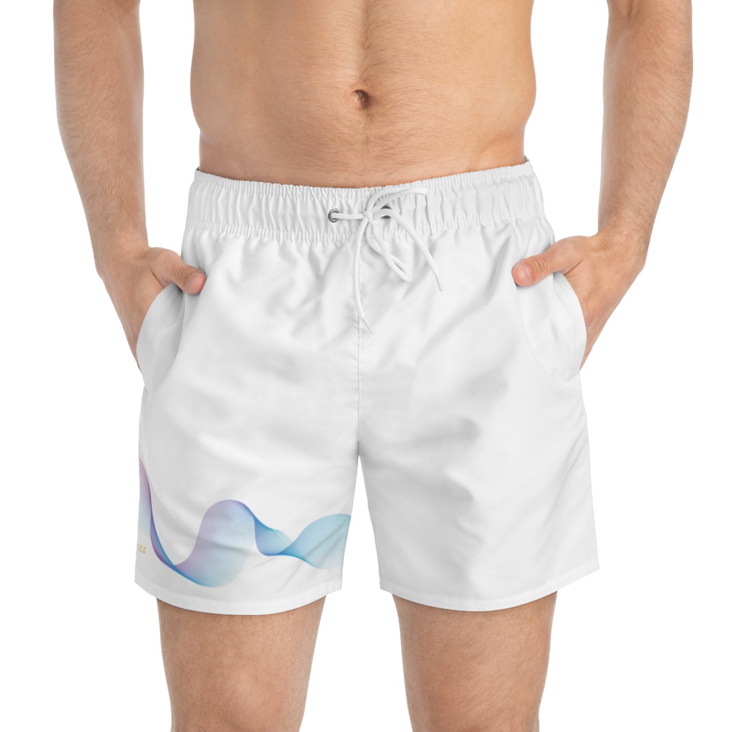 "Elevated Style" Collection - 'Coastal Echo' Designer Men's Swim Trunks (White) - by vca