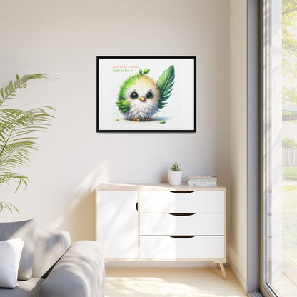 "Little Artful Treasures" Collection - Framed Canvas Wall Art - Cute Green Baby Eagle with Eagle feather ("Baby Eagle 4") by vca