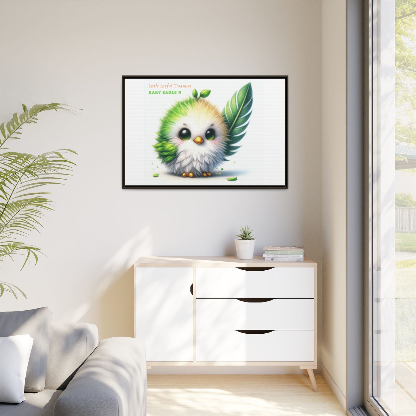 "Little Artful Treasures" Collection - Framed Canvas Wall Art - Cute Green Baby Eagle with Eagle feather ("Baby Eagle 4") by vca