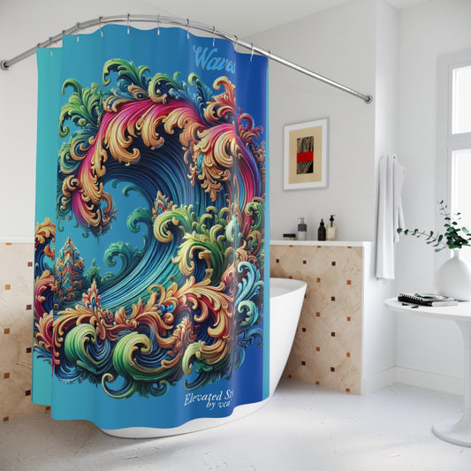 "Elevated Style" Collection - 'Waves' by vca - Ocean Wave Shower Curtain — Colorful Baroque Wave Art Decor