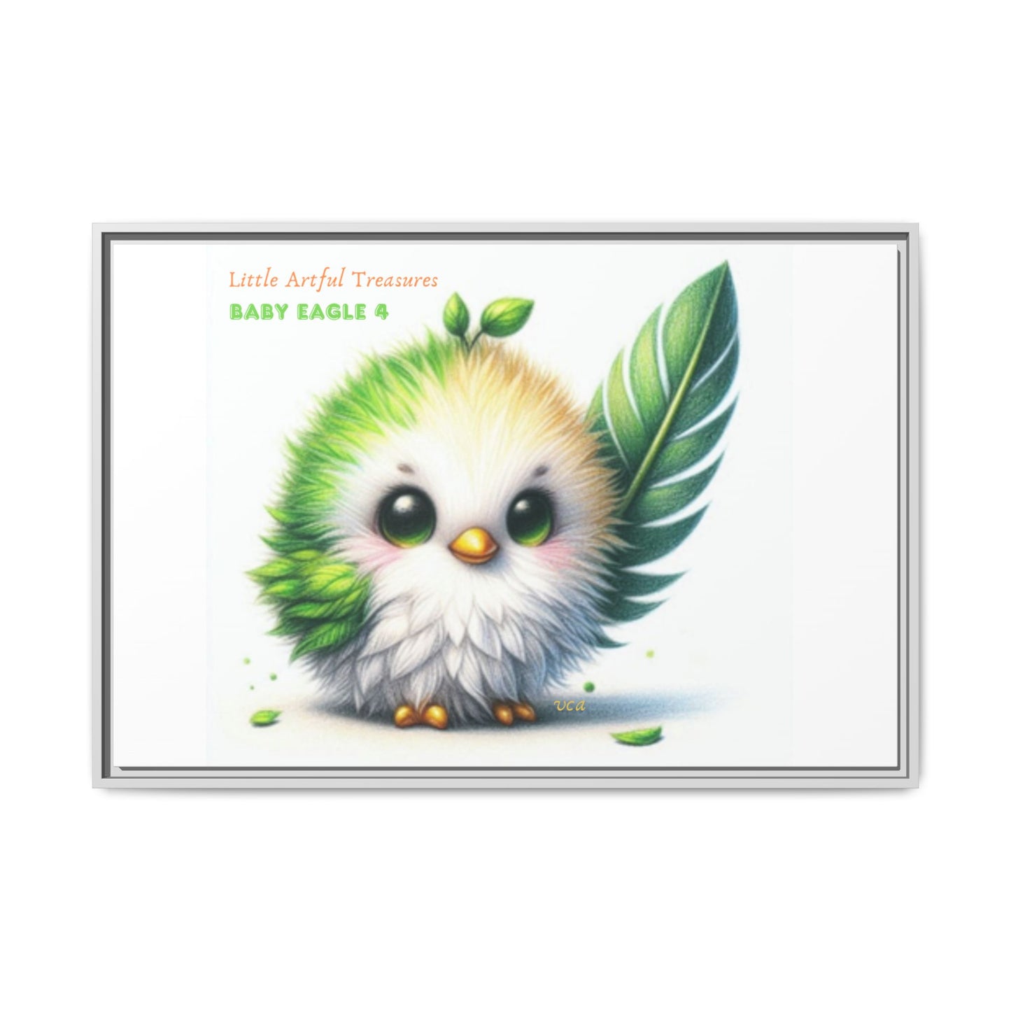 "Little Artful Treasures" Collection - Framed Canvas Wall Art - Cute Green Baby Eagle with Eagle feather ("Baby Eagle 4") by vca