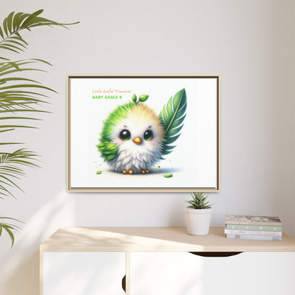"Little Artful Treasures" Collection - Framed Canvas Wall Art - Cute Green Baby Eagle with Eagle feather ("Baby Eagle 4") by vca