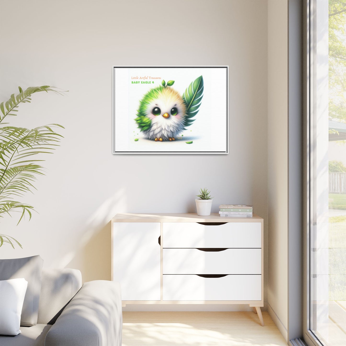 "Little Artful Treasures" Collection - Framed Canvas Wall Art - Cute Green Baby Eagle with Eagle feather ("Baby Eagle 4") by vca