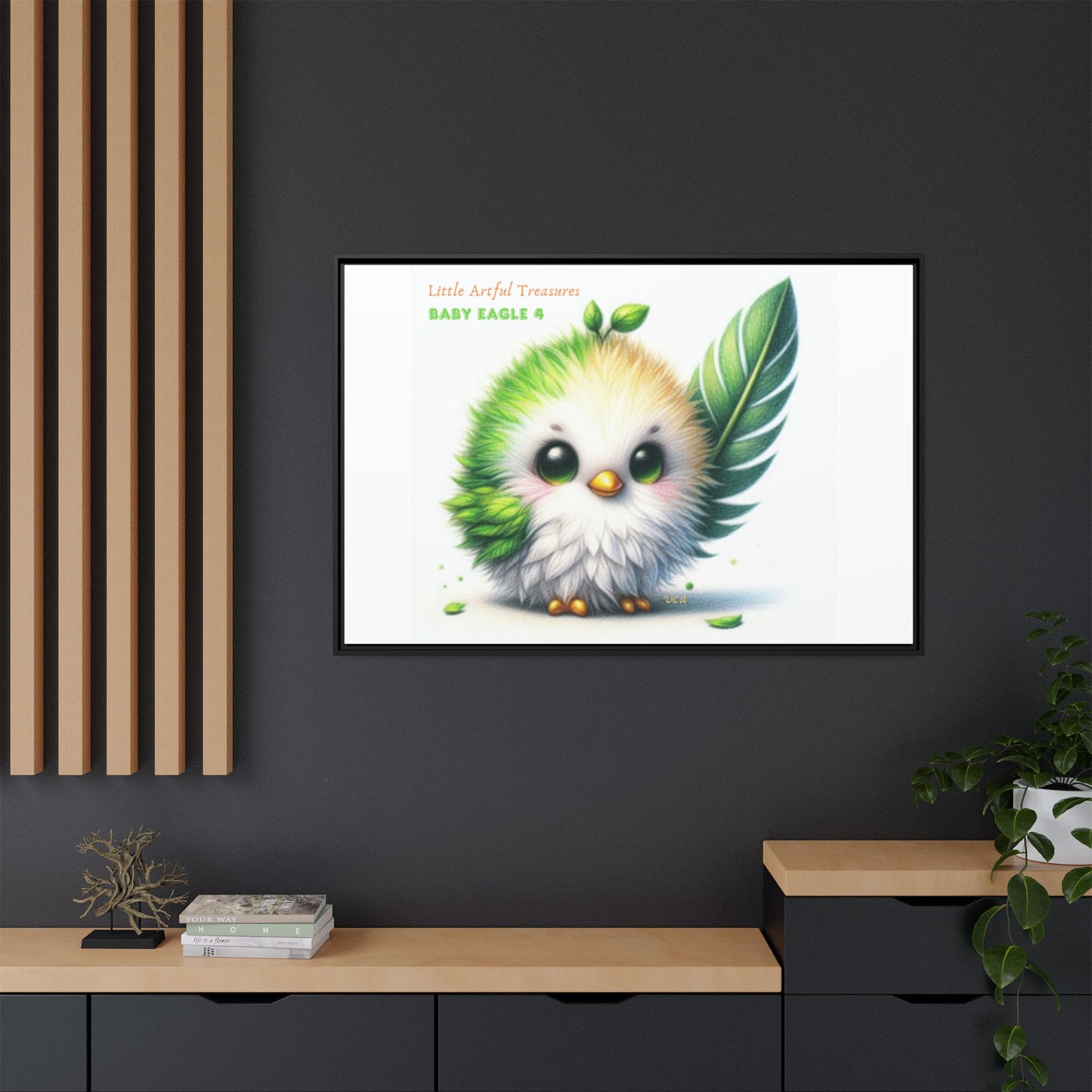 "Little Artful Treasures" Collection - Framed Canvas Wall Art - Cute Green Baby Eagle with Eagle feather ("Baby Eagle 4") by vca