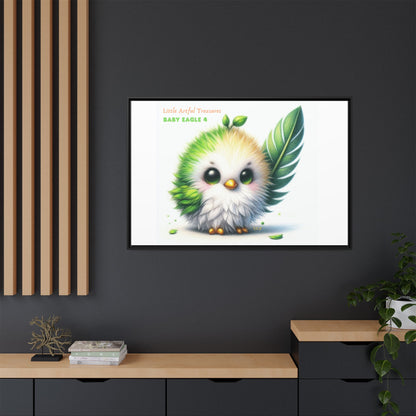 "Little Artful Treasures" Collection - Framed Canvas Wall Art - Cute Green Baby Eagle with Eagle feather ("Baby Eagle 4") by vca