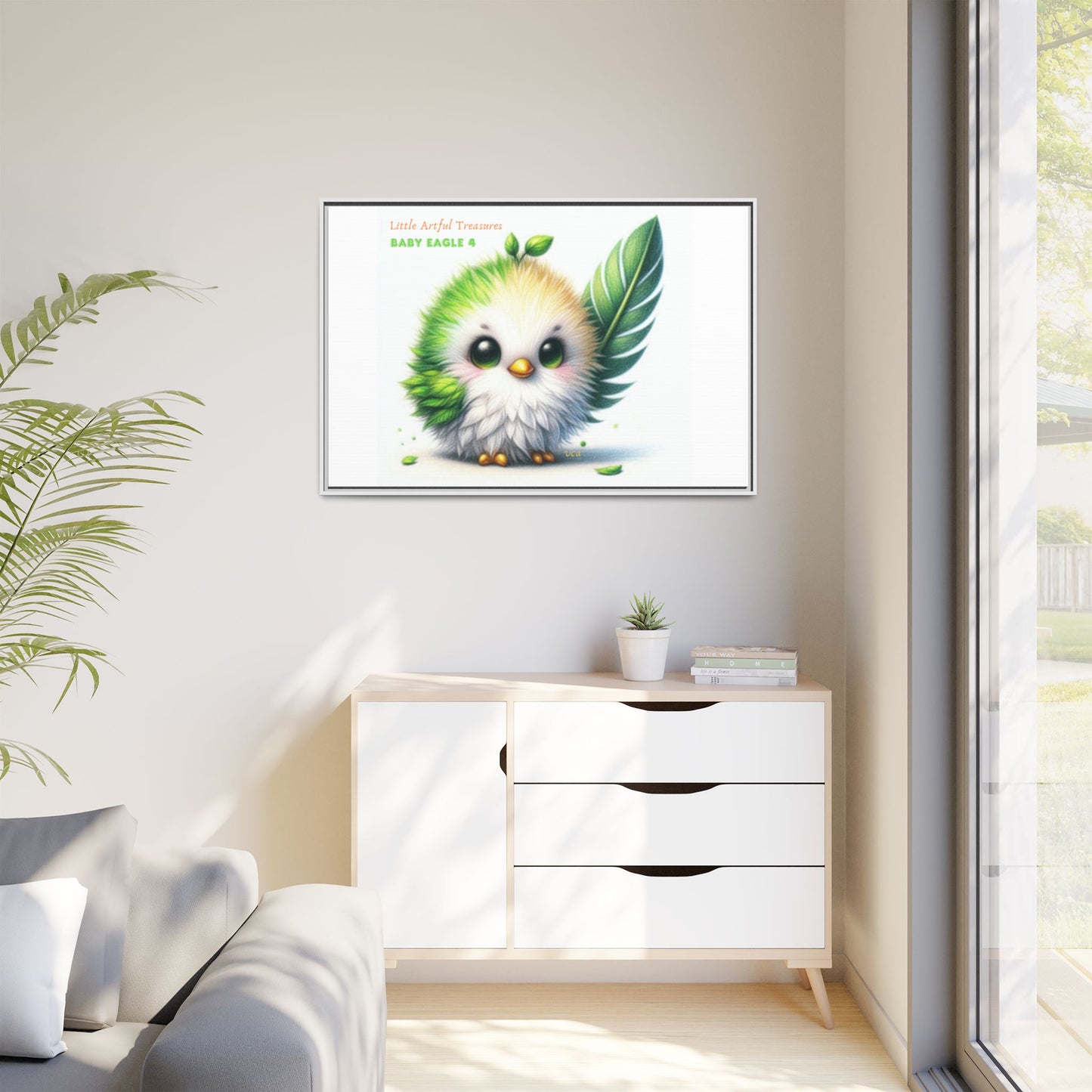 "Little Artful Treasures" Collection - Framed Canvas Wall Art - Cute Green Baby Eagle with Eagle feather ("Baby Eagle 4") by vca
