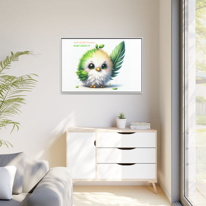 "Little Artful Treasures" Collection - Framed Canvas Wall Art - Cute Green Baby Eagle with Eagle feather ("Baby Eagle 4") by vca
