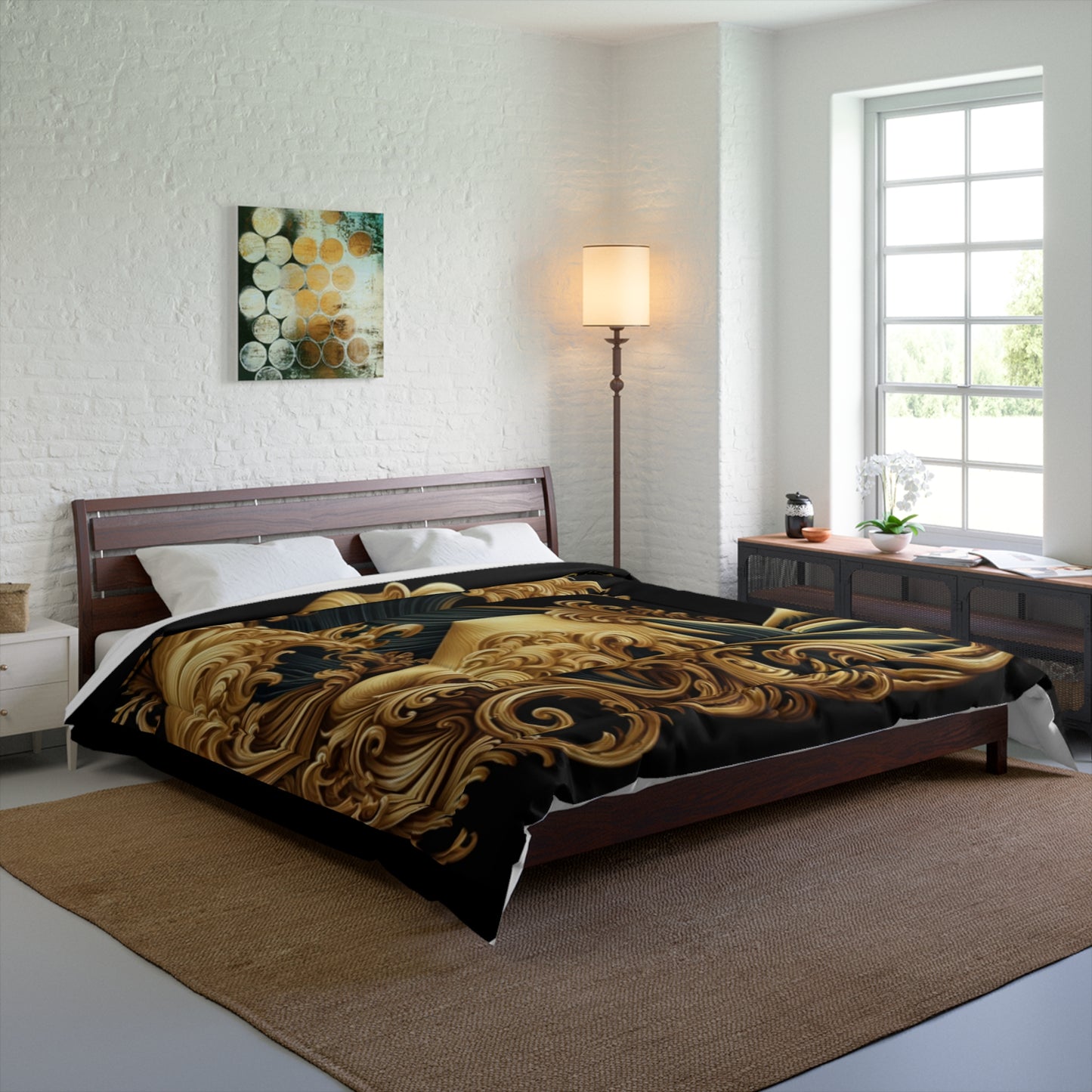 "Golden Touch" Collection -Golden Crest Comforter — Luxurious Black & Gold Ornamental Bedding by vca