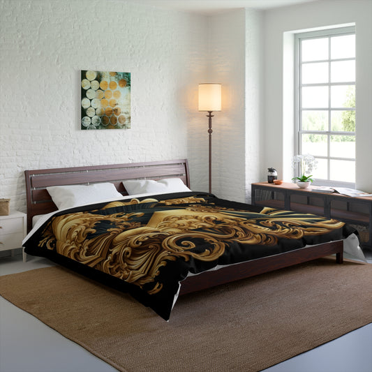 "Golden Touch" Collection -Golden Crest Comforter — Luxurious Black & Gold Ornamental Bedding by vca