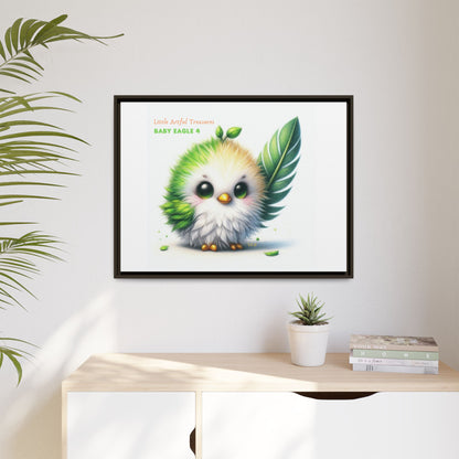 "Little Artful Treasures" Collection - Framed Canvas Wall Art - Cute Green Baby Eagle with Eagle feather ("Baby Eagle 4") by vca