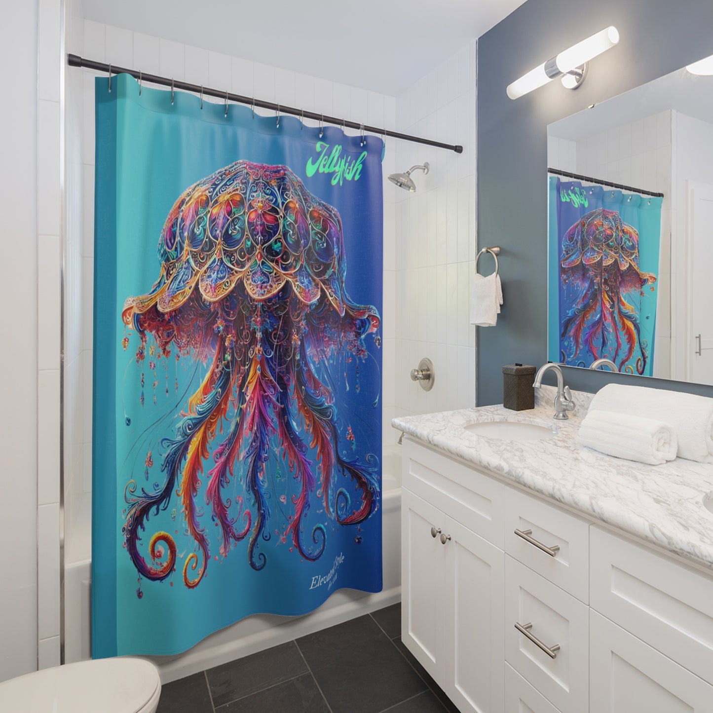 "Elevated Style" Collection - Jellyfish Shower Curtain — Vibrant Bohemian Ocean Art design by vca
