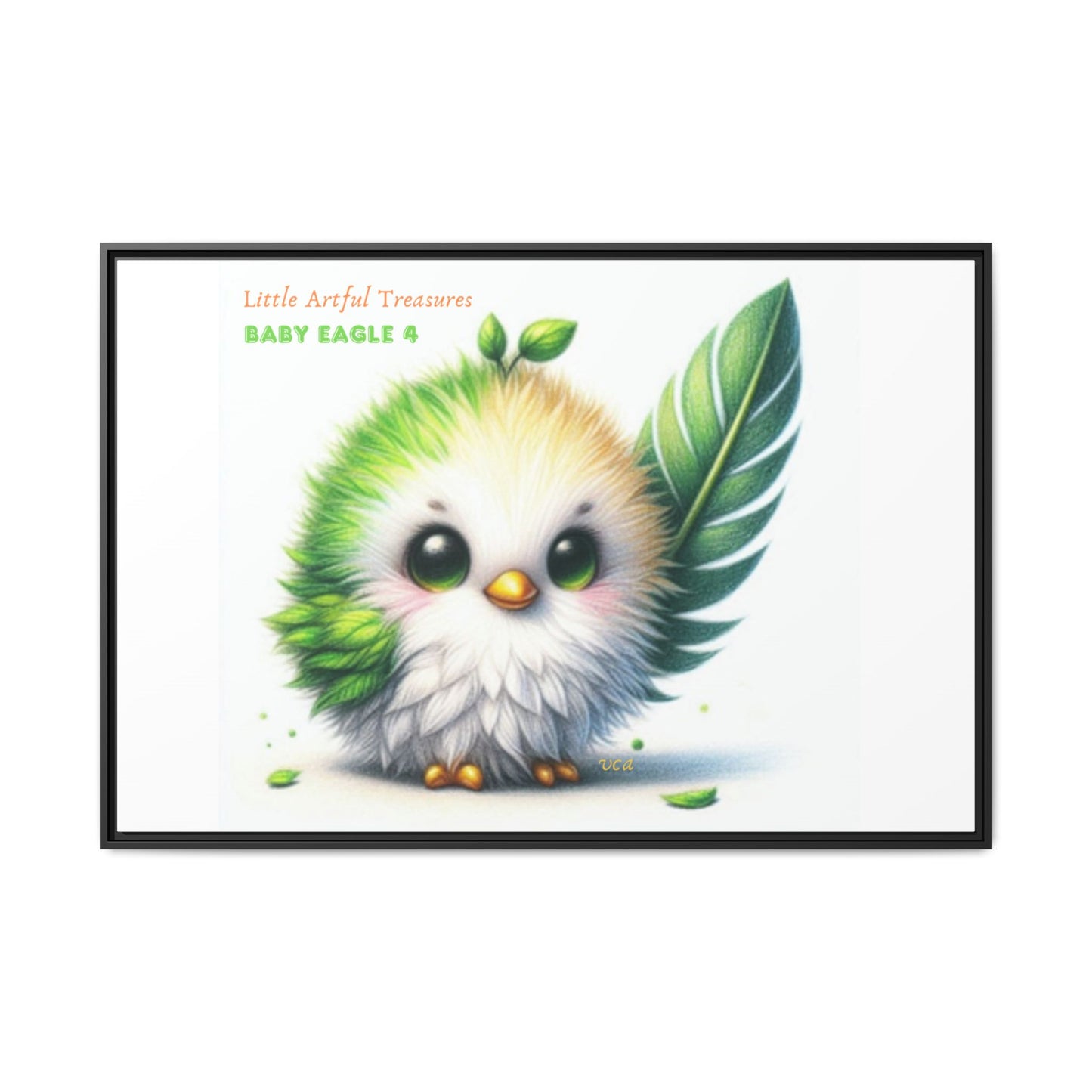 "Little Artful Treasures" Collection - Framed Canvas Wall Art - Cute Green Baby Eagle with Eagle feather ("Baby Eagle 4") by vca
