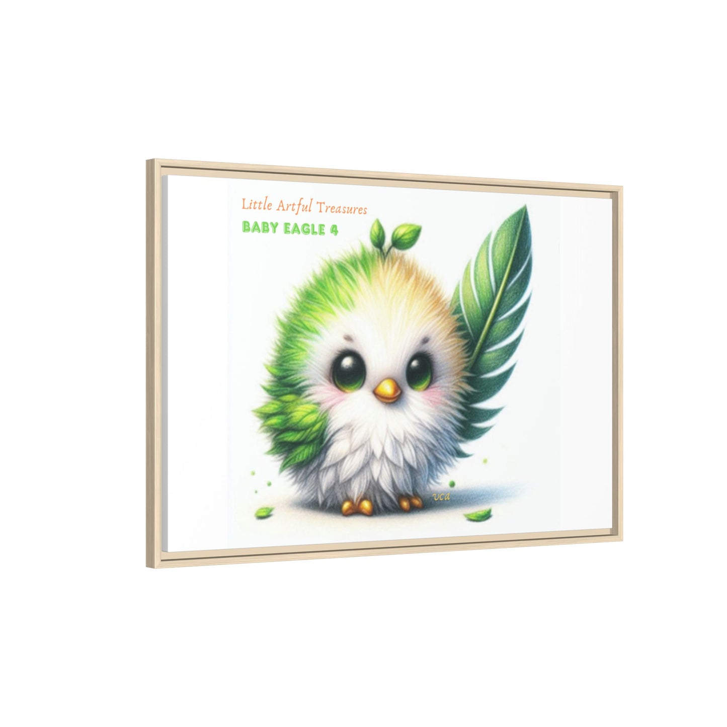 "Little Artful Treasures" Collection - Framed Canvas Wall Art - Cute Green Baby Eagle with Eagle feather ("Baby Eagle 4") by vca
