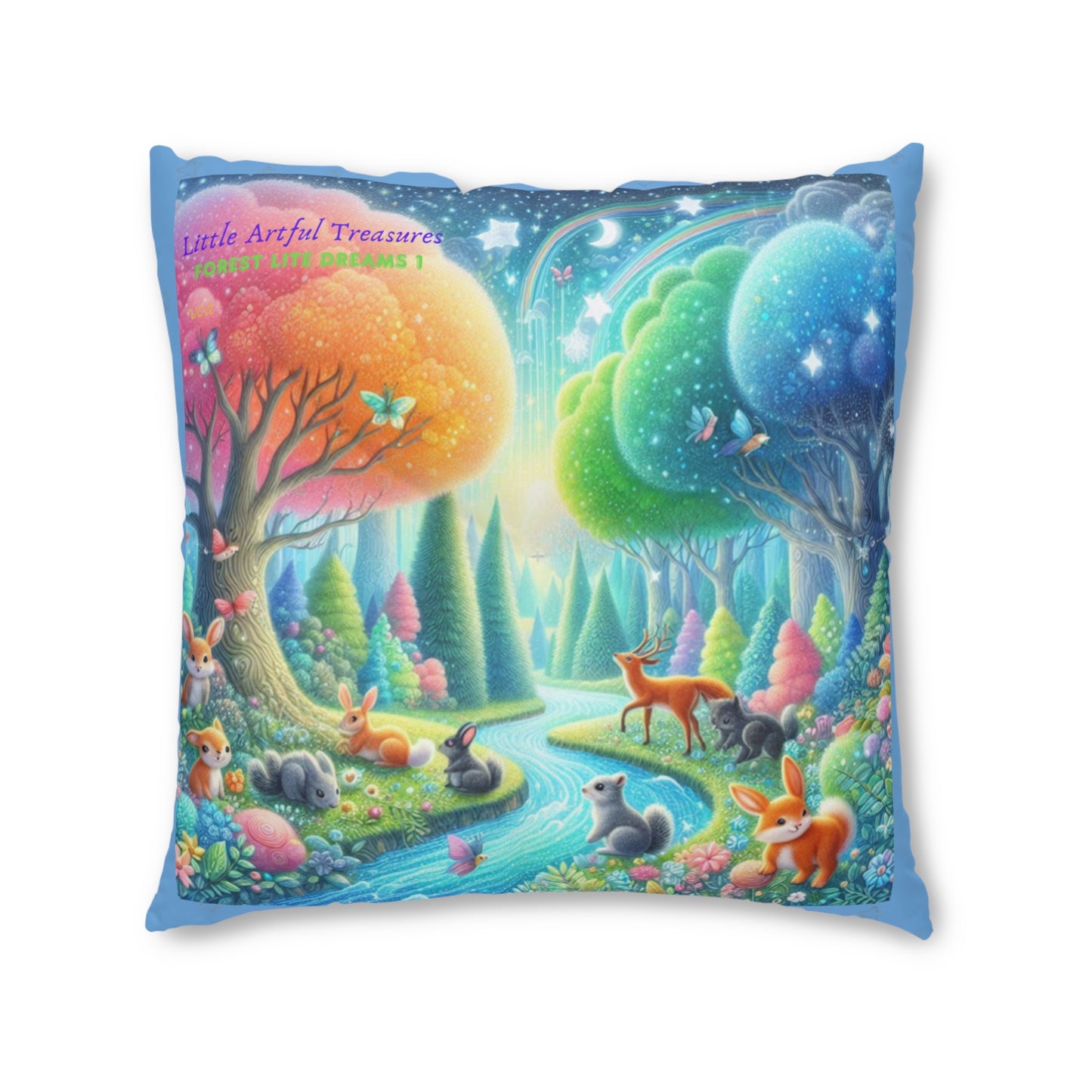 "Little Artful Treasures" Collection - Floor Pillow, Tufted Cushion — 'Forest Lite Dreams 1' by vca - 2 sided - Lt. Blue