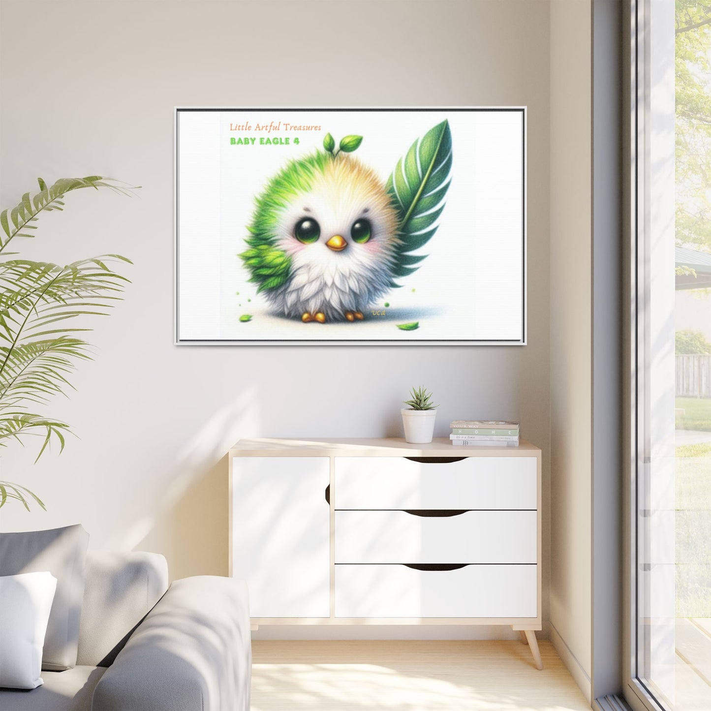 "Little Artful Treasures" Collection - Framed Canvas Wall Art - Cute Green Baby Eagle with Eagle feather ("Baby Eagle 4") by vca