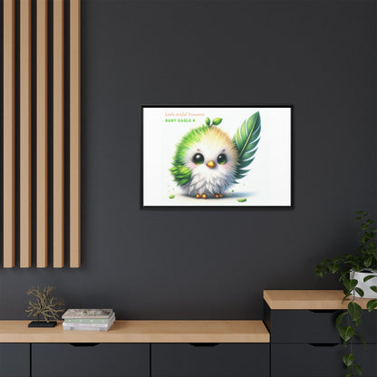 "Little Artful Treasures" Collection - Framed Canvas Wall Art - Cute Green Baby Eagle with Eagle feather ("Baby Eagle 4") by vca