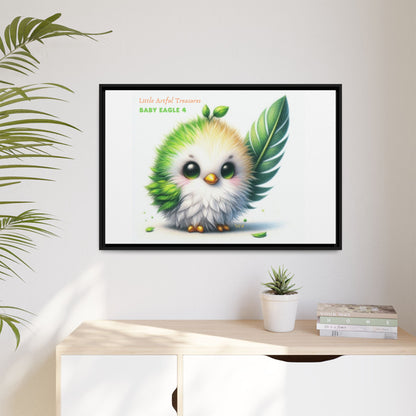 "Little Artful Treasures" Collection - Framed Canvas Wall Art - Cute Green Baby Eagle with Eagle feather ("Baby Eagle 4") by vca