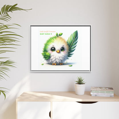 "Little Artful Treasures" Collection - Framed Canvas Wall Art - Cute Green Baby Eagle with Eagle feather ("Baby Eagle 4") by vca