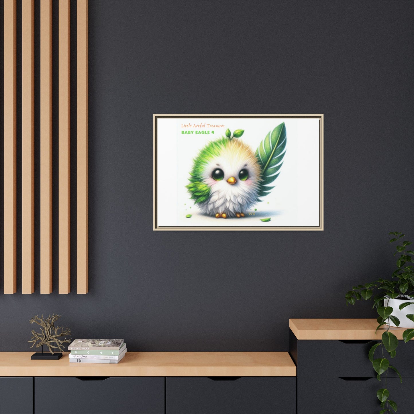 "Little Artful Treasures" Collection - Framed Canvas Wall Art - Cute Green Baby Eagle with Eagle feather ("Baby Eagle 4") by vca