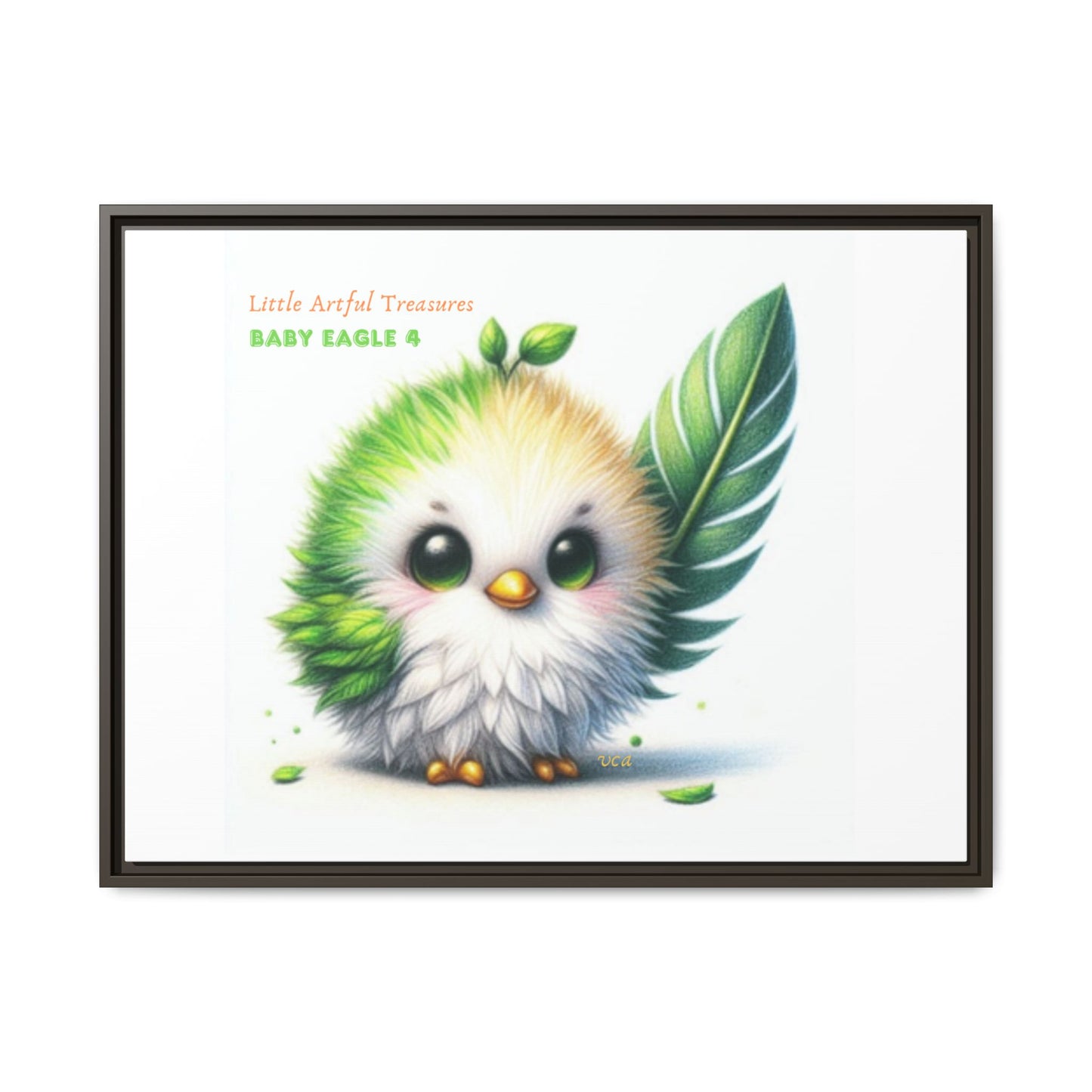 "Little Artful Treasures" Collection - Framed Canvas Wall Art - Cute Green Baby Eagle with Eagle feather ("Baby Eagle 4") by vca