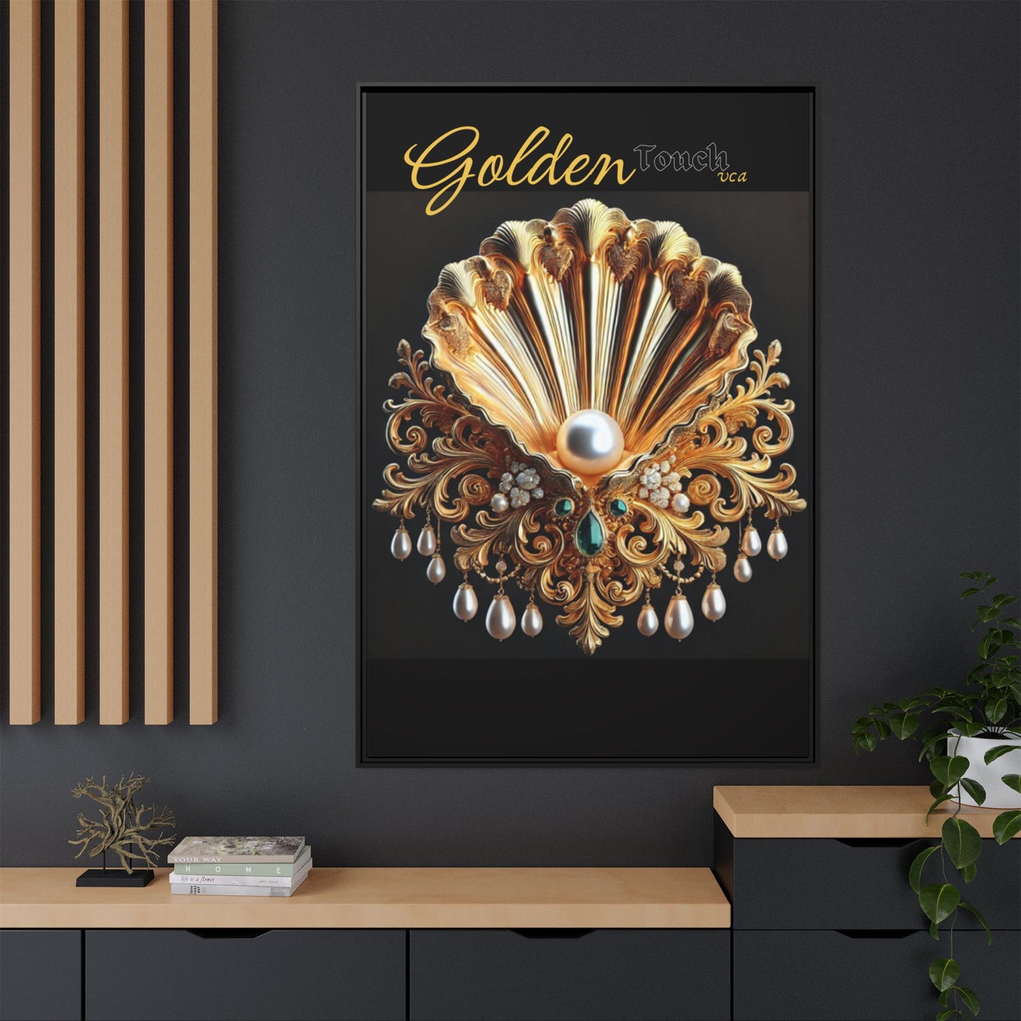 "Golden Touch" Collection - Framed Art Canvas - 'Emeralds & Pearls' by vca