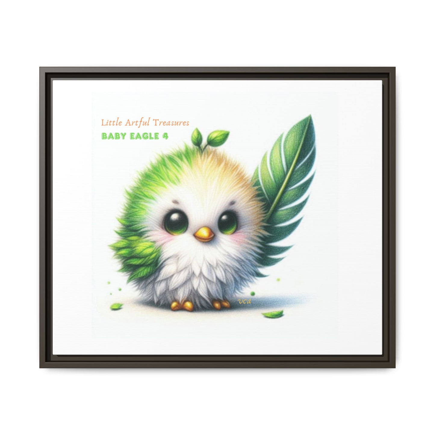 "Little Artful Treasures" Collection - Framed Canvas Wall Art - Cute Green Baby Eagle with Eagle feather ("Baby Eagle 4") by vca