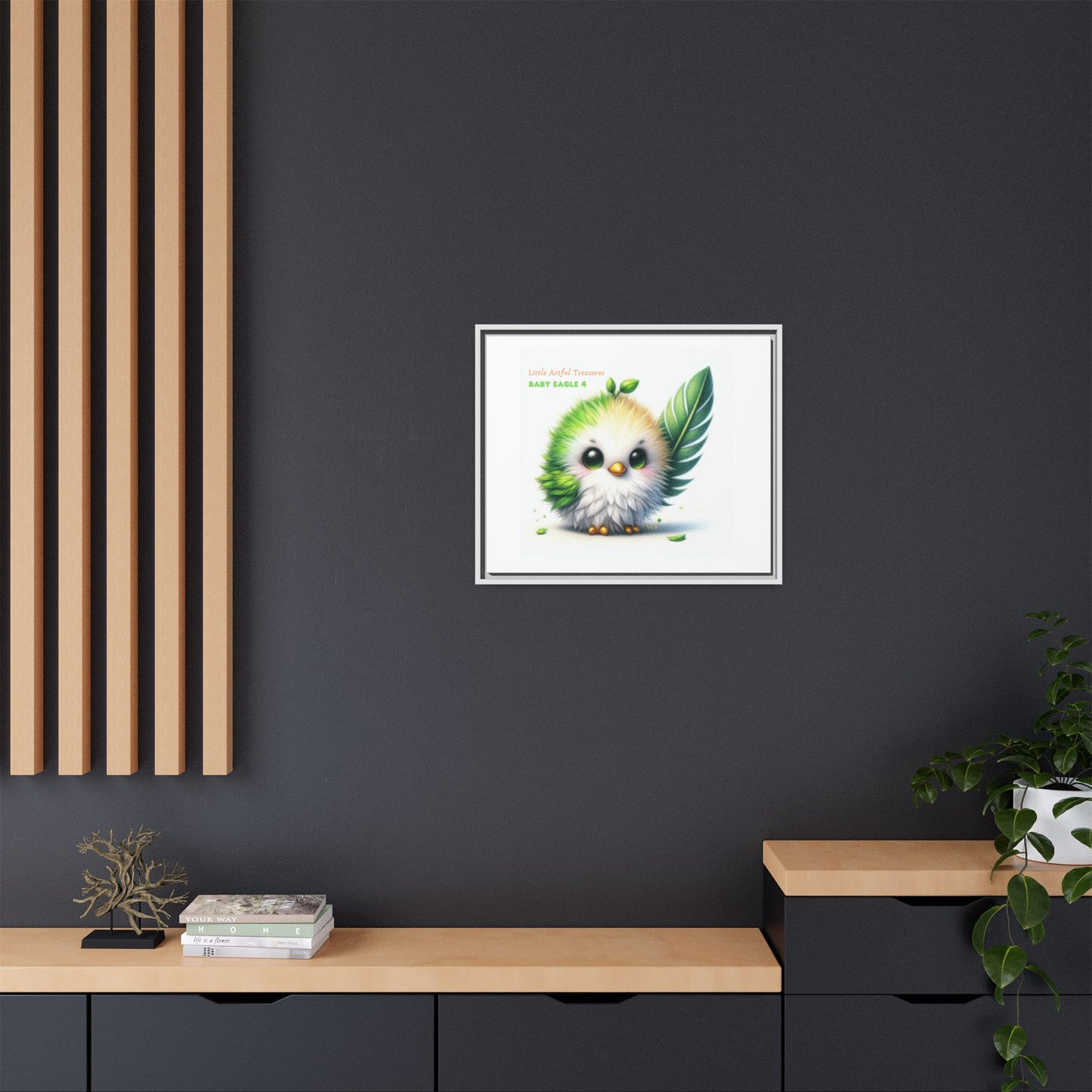 "Little Artful Treasures" Collection - Framed Canvas Wall Art - Cute Green Baby Eagle with Eagle feather ("Baby Eagle 4") by vca
