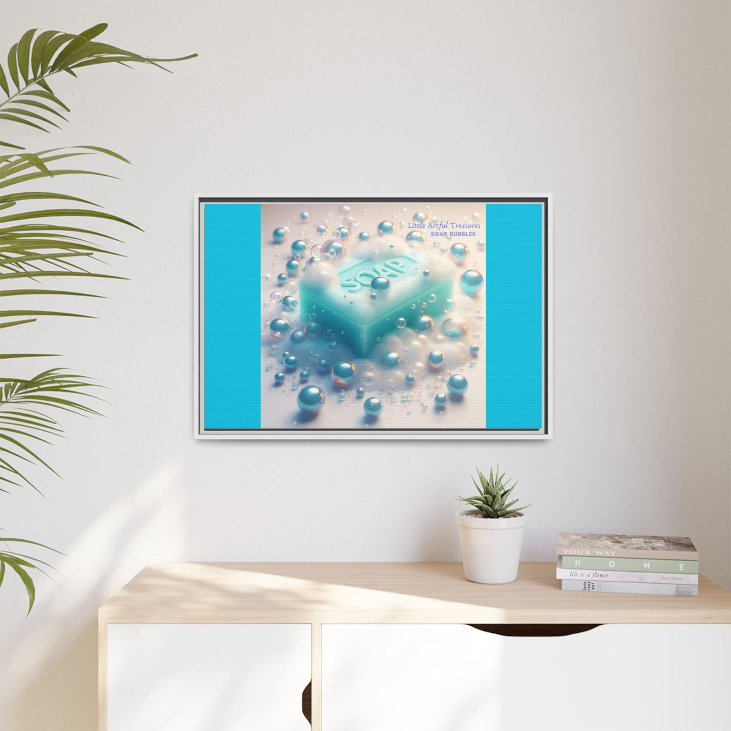"Little Artful Treasures" Collection - Framed Matte Canvas Wall Art — 'Soap Bubbles' by vca - Blue