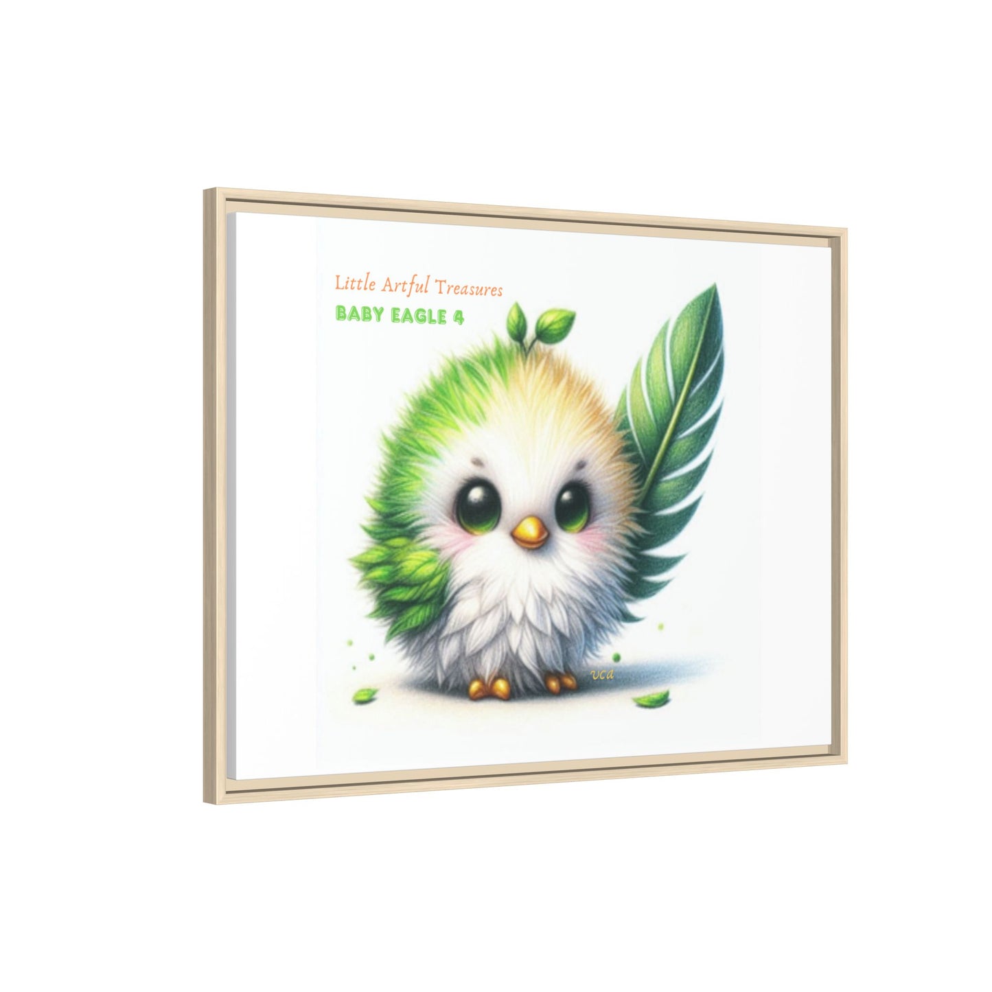 "Little Artful Treasures" Collection - Framed Canvas Wall Art - Cute Green Baby Eagle with Eagle feather ("Baby Eagle 4") by vca