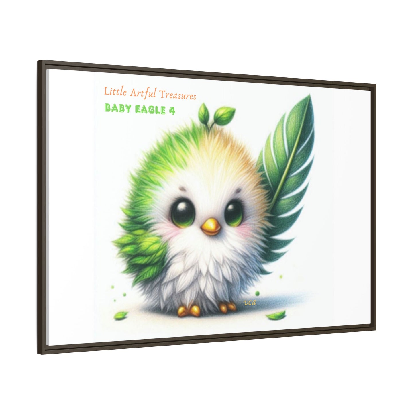 "Little Artful Treasures" Collection - Framed Canvas Wall Art - Cute Green Baby Eagle with Eagle feather ("Baby Eagle 4") by vca