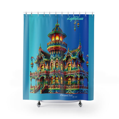"Elevated Style" Collection - Light House Palace designer Shower Curtain by vca — Vibrant Fantasy Castle Bathroom Décor