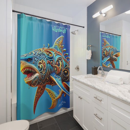 "Elevated Style" Collection - Ornate Shark Shower Curtain design by vca — Colorful Decorative Ocean Bathroom Curtain ("Shark Teeth")