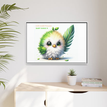 "Little Artful Treasures" Collection - Framed Canvas Wall Art - Cute Green Baby Eagle with Eagle feather ("Baby Eagle 4") by vca