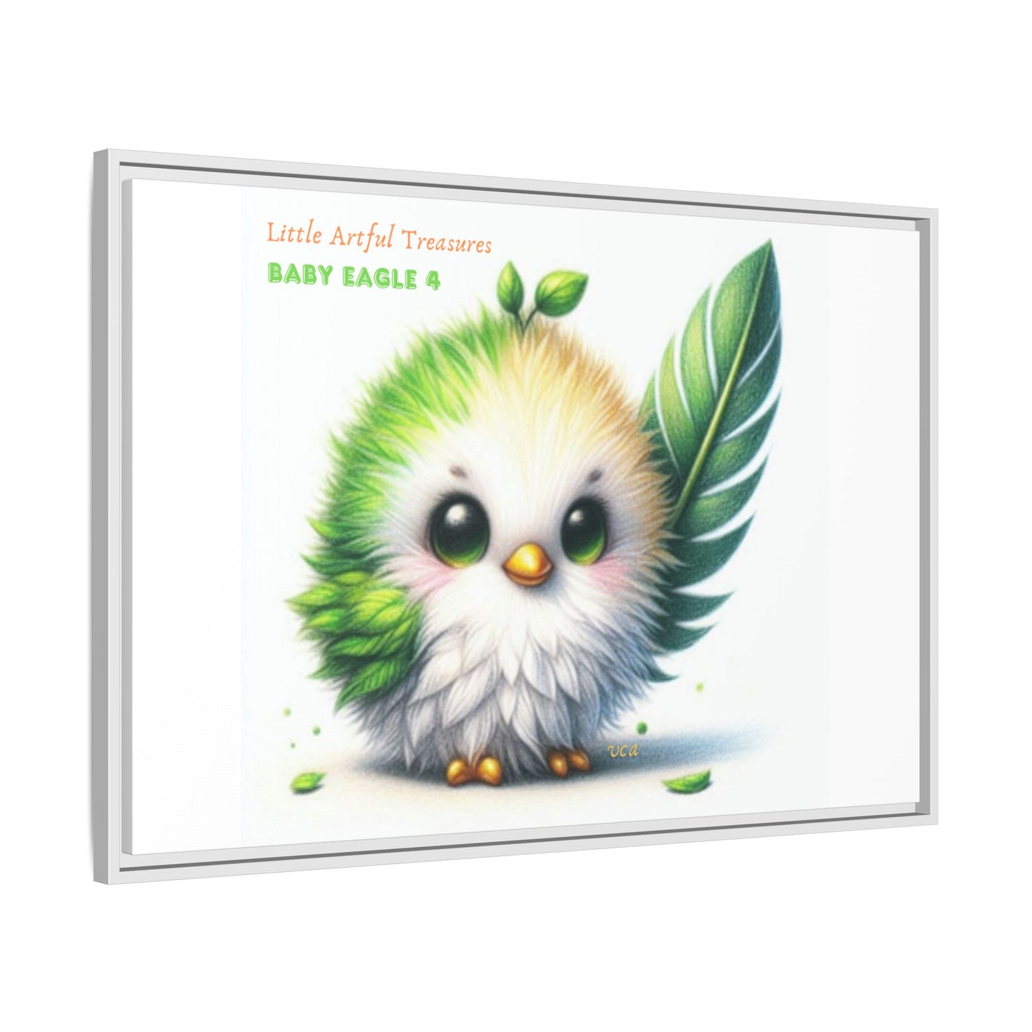 "Little Artful Treasures" Collection - Framed Canvas Wall Art - Cute Green Baby Eagle with Eagle feather ("Baby Eagle 4") by vca