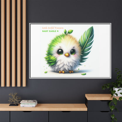 "Little Artful Treasures" Collection - Framed Canvas Wall Art - Cute Green Baby Eagle with Eagle feather ("Baby Eagle 4") by vca